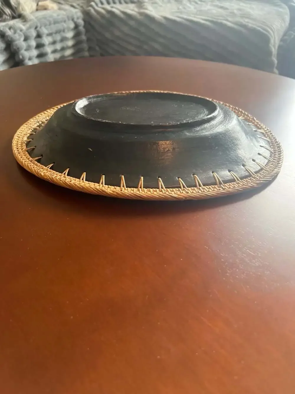 Brown Oval Bowl with Woven Rattan Trim Edging